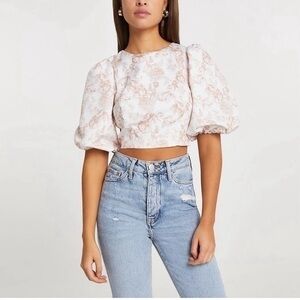 River Island Floral Print Puff Sleeve Cross Back Cropped Top Size 12 Tan/White